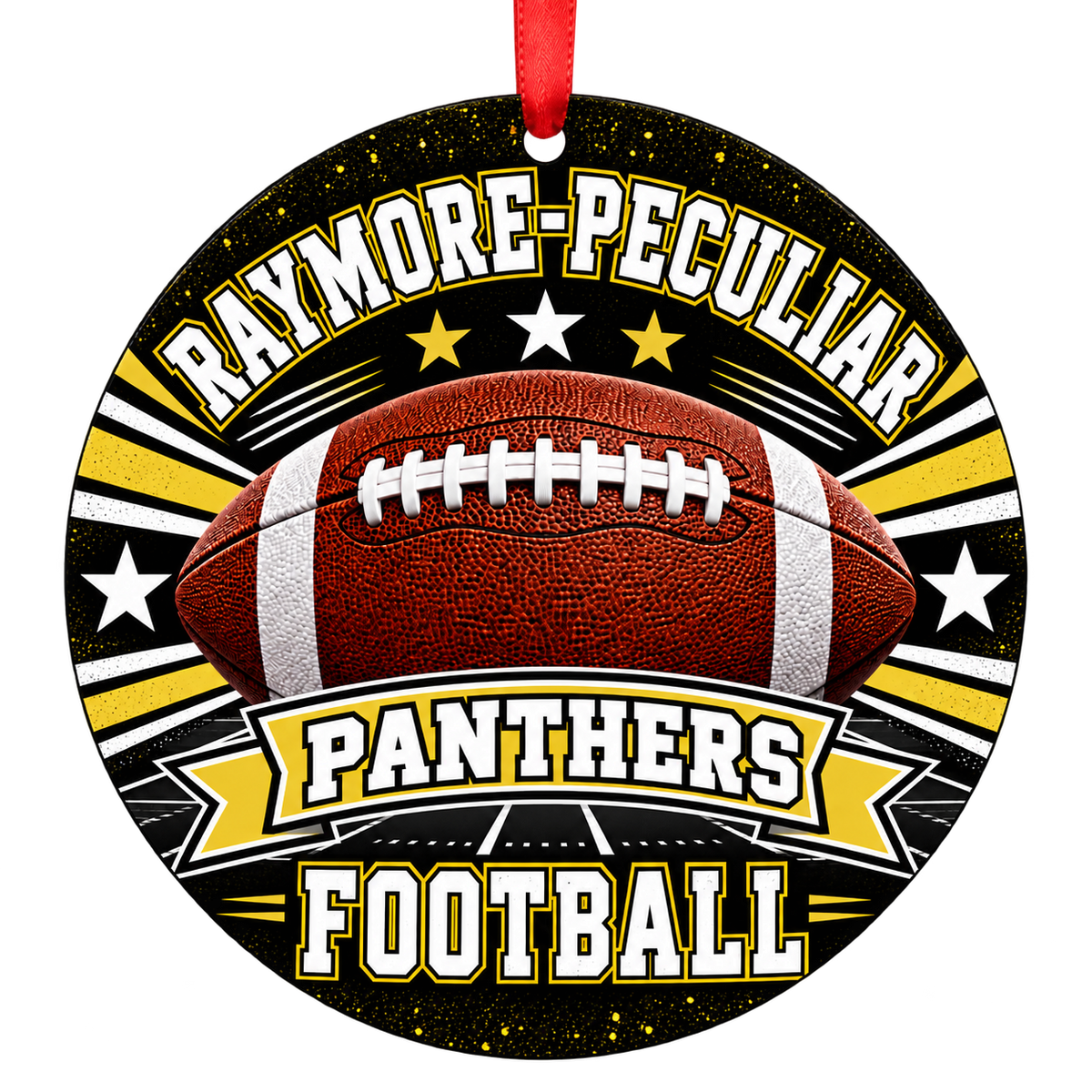 Raymore-Peculiar Panthers Classic Football Christmas ornament, black white and gold 3-inch flat round design with red ribbon, Peculiar Missouri