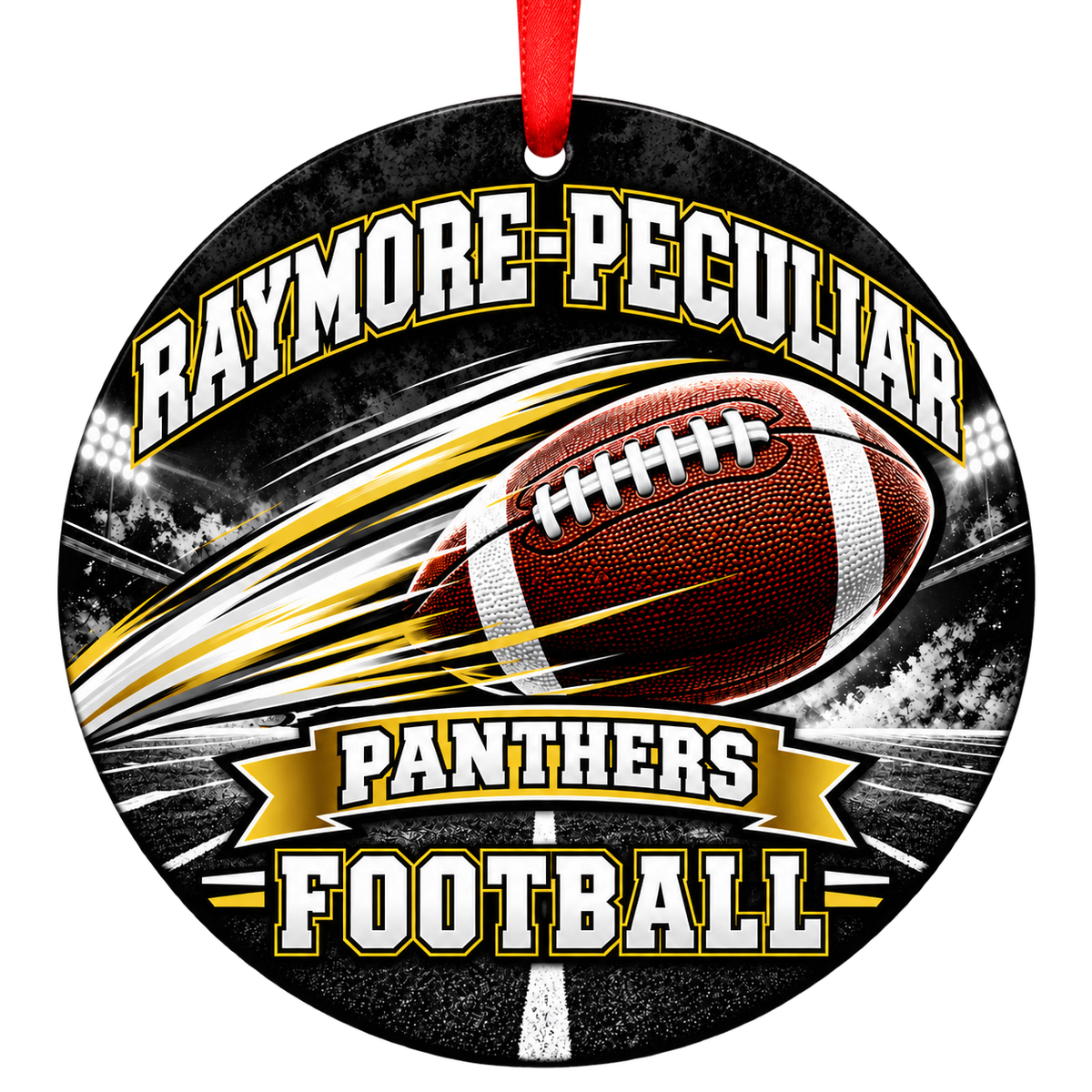 Raymore-Peculiar Panthers Football in Motion Christmas ornament, black white and gold 3-inch flat round design with red ribbon, Peculiar Missouri