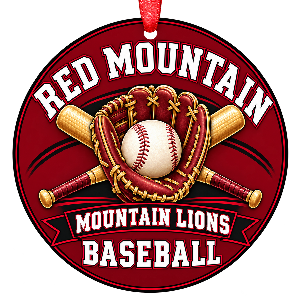 Red Mountain Mountain Lions baseball Christmas ornament, Glove and Bats design, Mesa, Arizona
