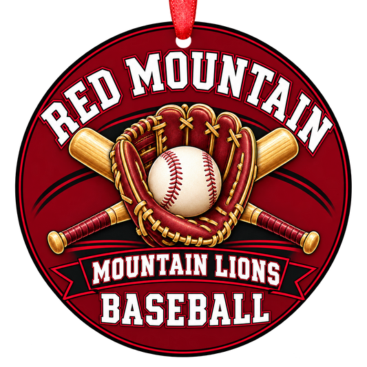 Red Mountain Mountain Lions baseball Christmas ornament, Glove and Bats design, Mesa, Arizona