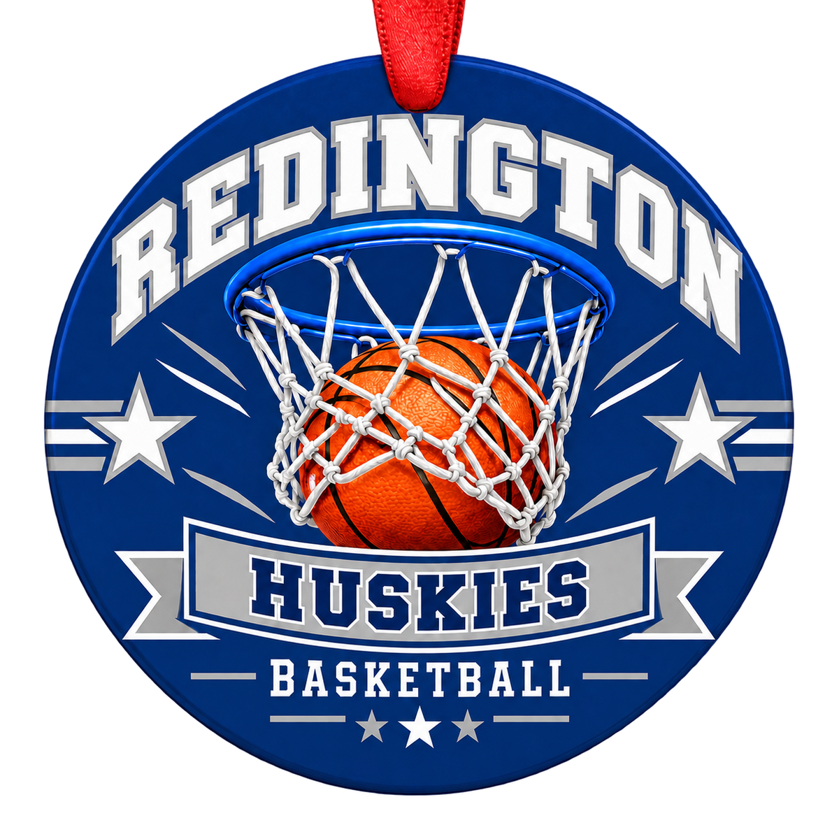 Redington Huskies basketball hoop design Christmas ornament in blue and silver for Joe Redington Senior Jr/Sr High School, Wasilla, Alaska