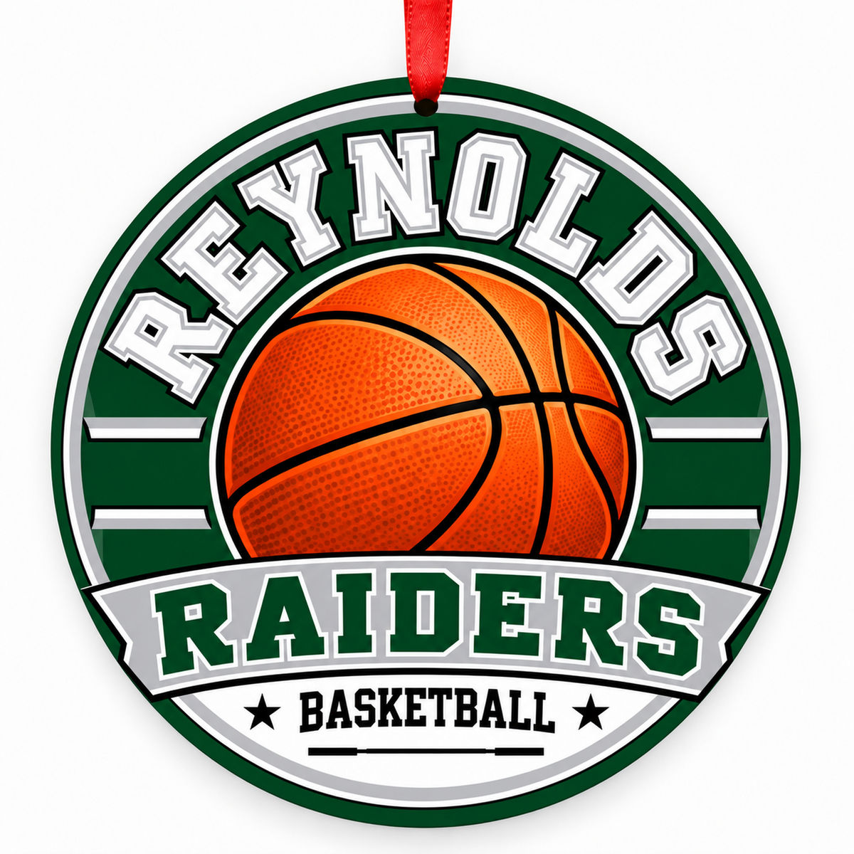 Reynolds High School Raiders basketball Christmas ornament in forest green, silver, and white