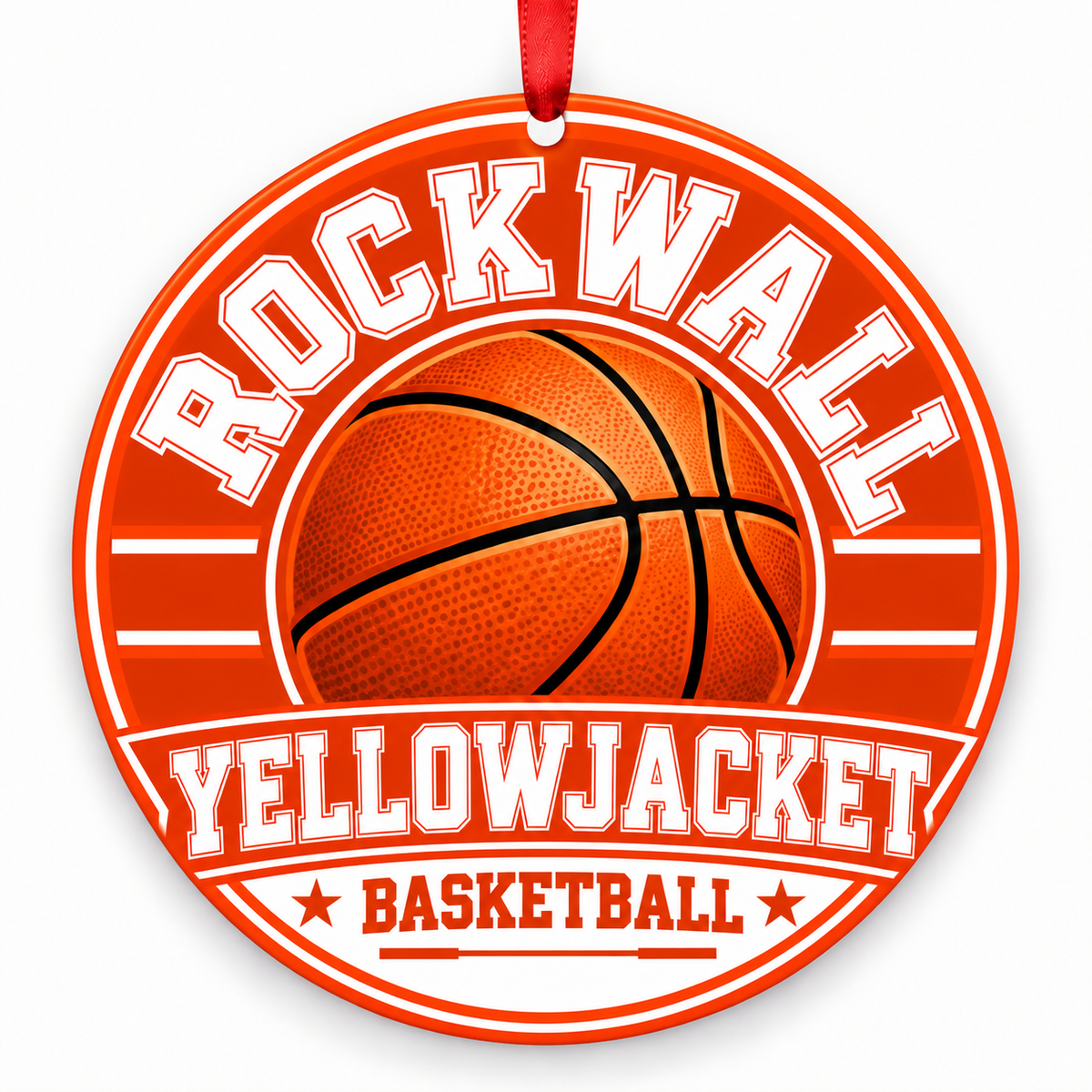 Rockwall High School Yellowjacket basketball Christmas ornament in orange and white with red ribbon, Rockwall, Texas