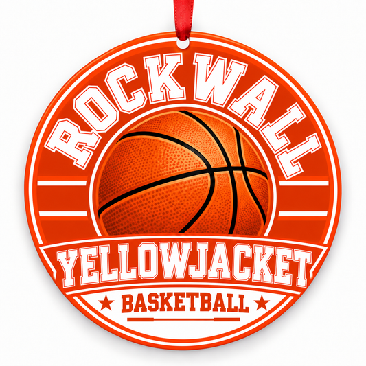 Rockwall High School Yellowjacket basketball Christmas ornament in orange and white with red ribbon, Rockwall, Texas