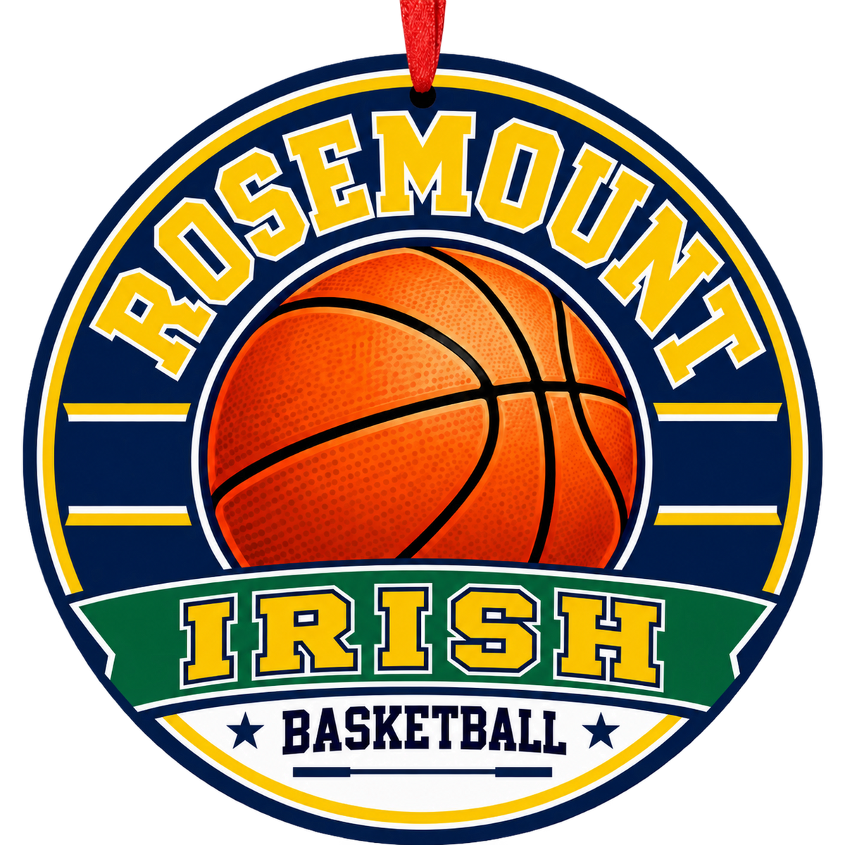 Rosemount Irish basketball round ornament in navy, gold and green with red ribbon
