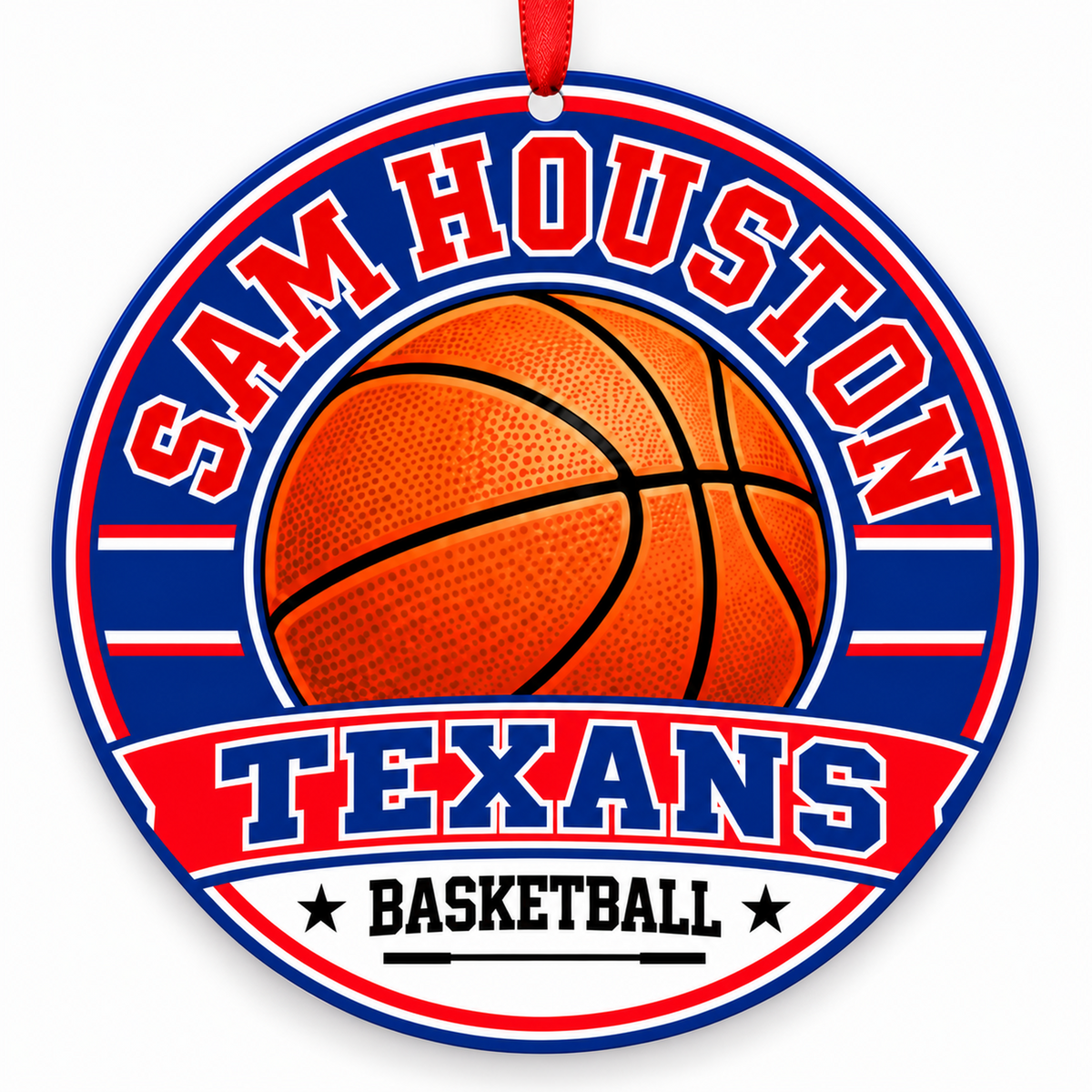 Sam Houston High School Texans basketball ornament in red and blue with cropped red ribbon, Arlington Texas
