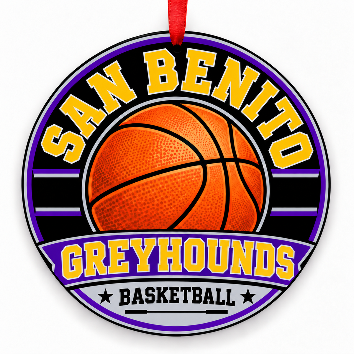 San Benito High School Greyhounds basketball Christmas ornament in purple, gold, and gray