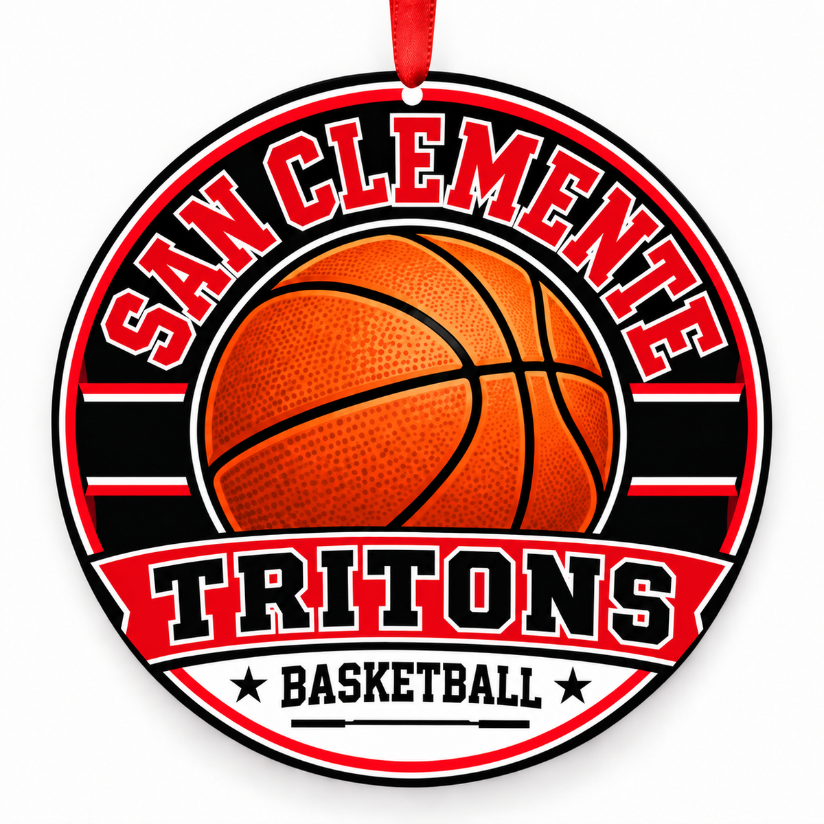 San Clemente High School Tritons basketball Christmas ornament in red and black with red ribbon, San Clemente, CA