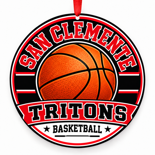 San Clemente High School Tritons basketball Christmas ornament in red and black with red ribbon, San Clemente, CA