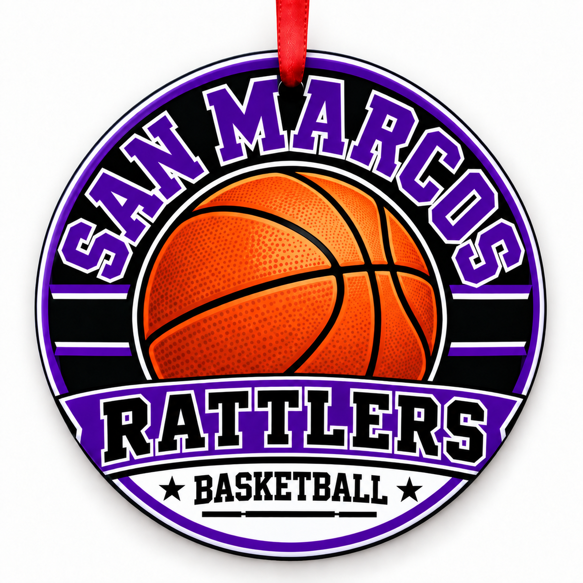San Marcos High School Rattlers basketball ornament in purple, black, and white with a red ribbon, San Marcos Texas
