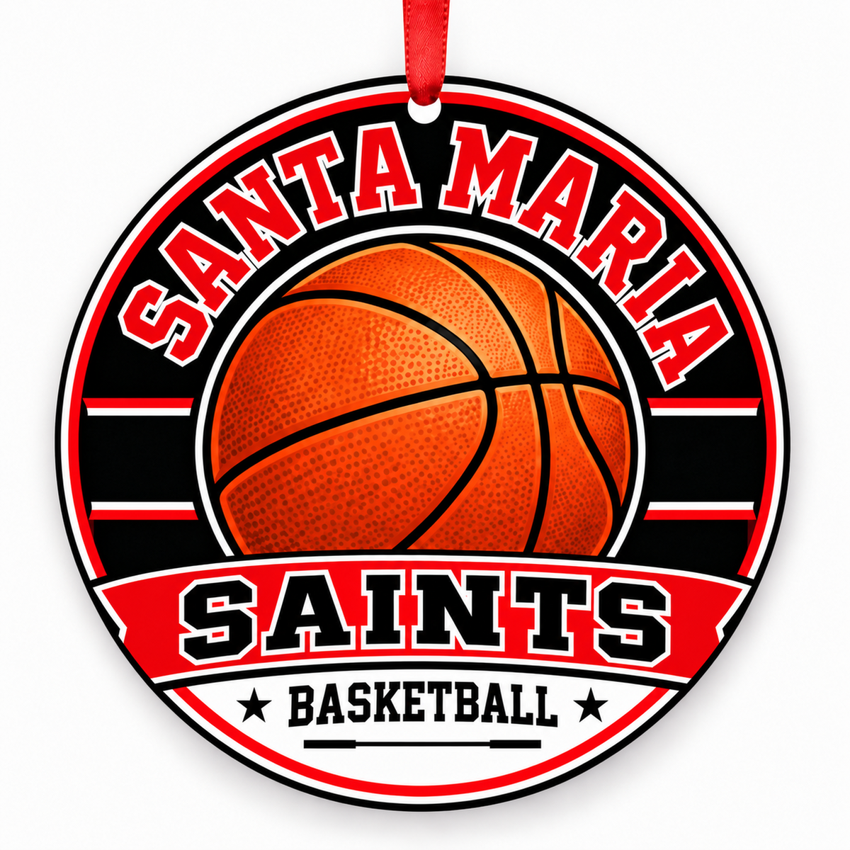 Santa Maria High School Saints basketball Christmas ornament in red, white, with black trim with red ribbon, Santa Maria, California