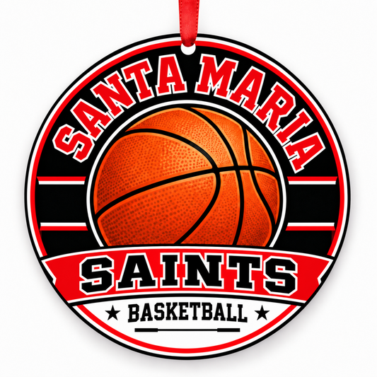 Santa Maria High School Saints basketball Christmas ornament in red, white, with black trim with red ribbon, Santa Maria, California