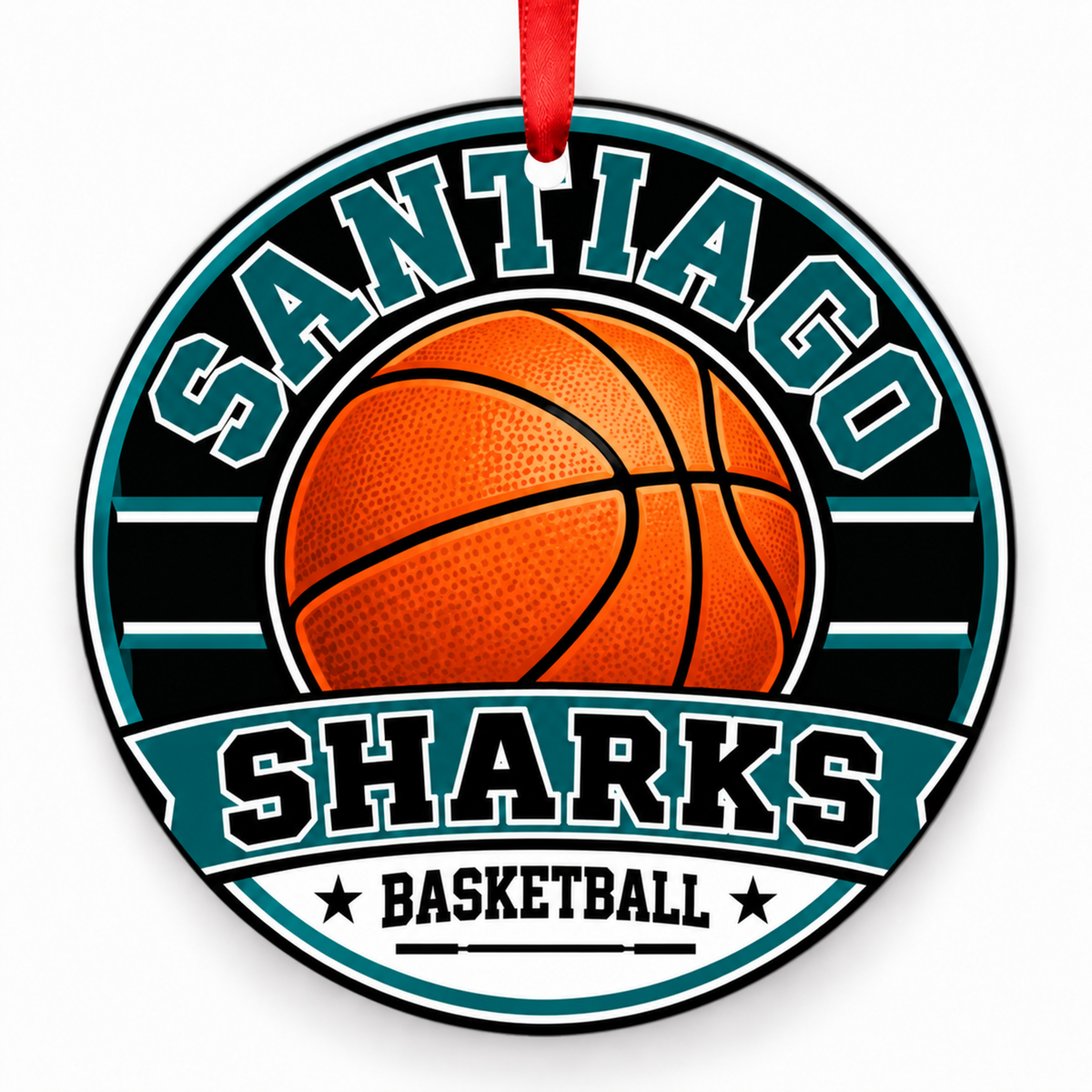Santiago High School Sharks basketball Christmas ornament in teal, black and white with red ribbon, Corona, California