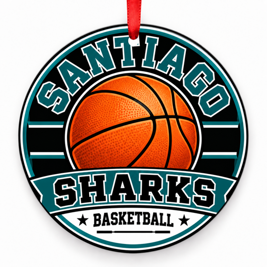 Santiago High School Sharks basketball Christmas ornament in teal, black and white with red ribbon, Corona, California