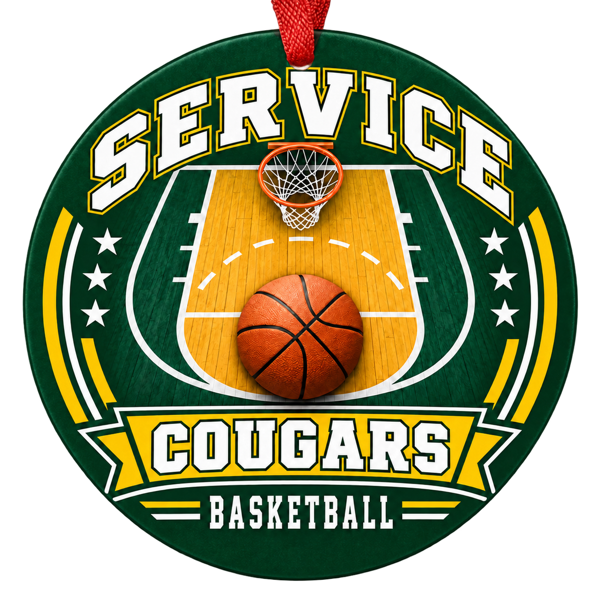 Service Cougars basketball court design Christmas ornament in green and gold for Service High School, Anchorage, Alaska
