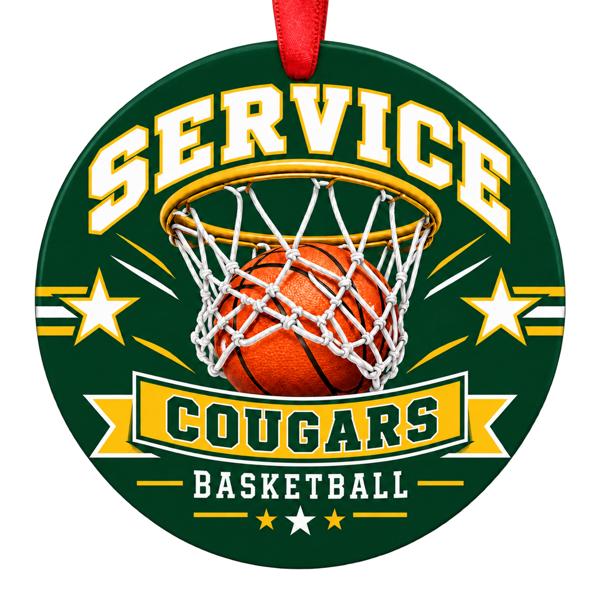 Service Cougars basketball hoop design Christmas ornament in green and gold for Service High School, Anchorage, Alaska