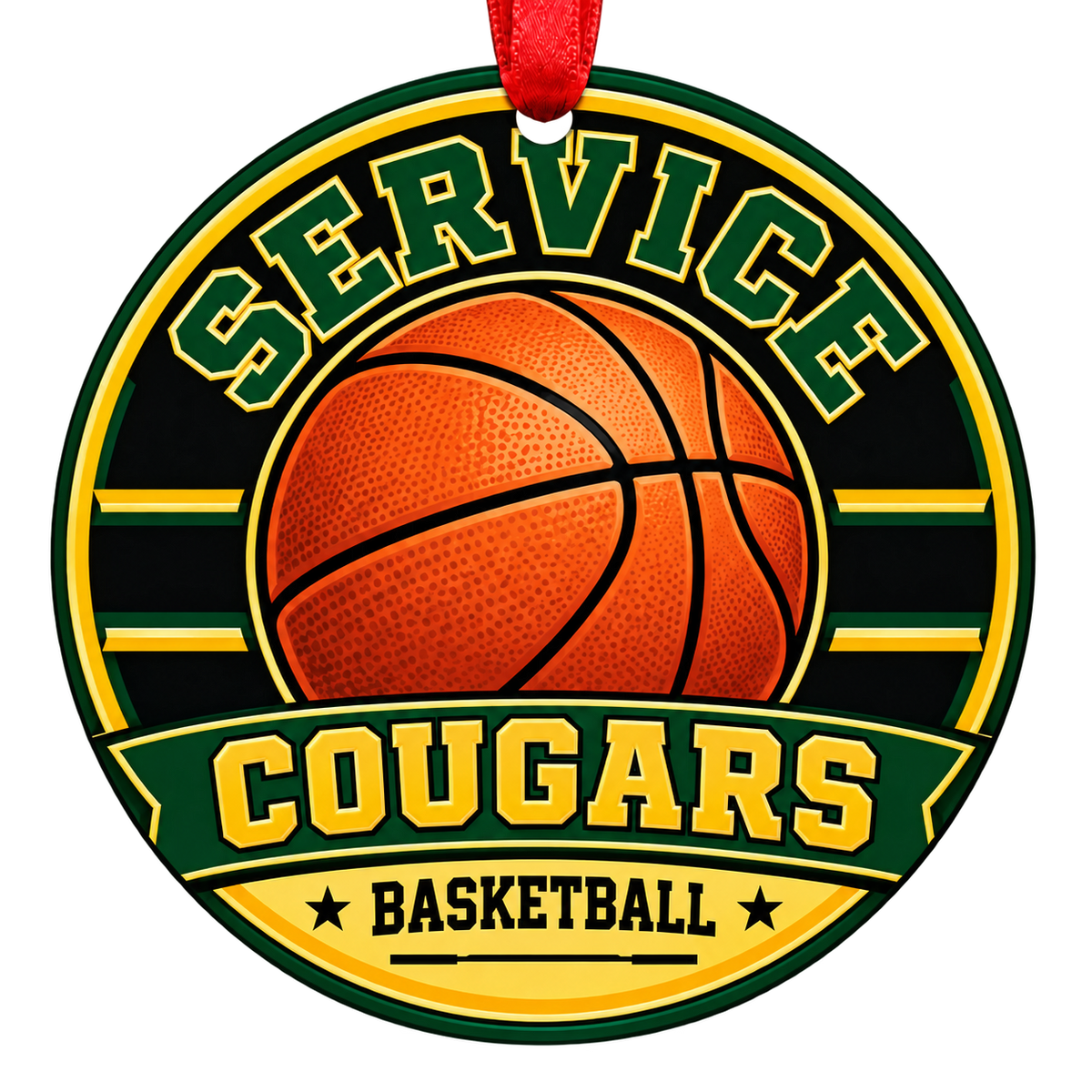 Service Cougars basketball Christmas ornament in green and gold for Service High School in Anchorage, Alaska