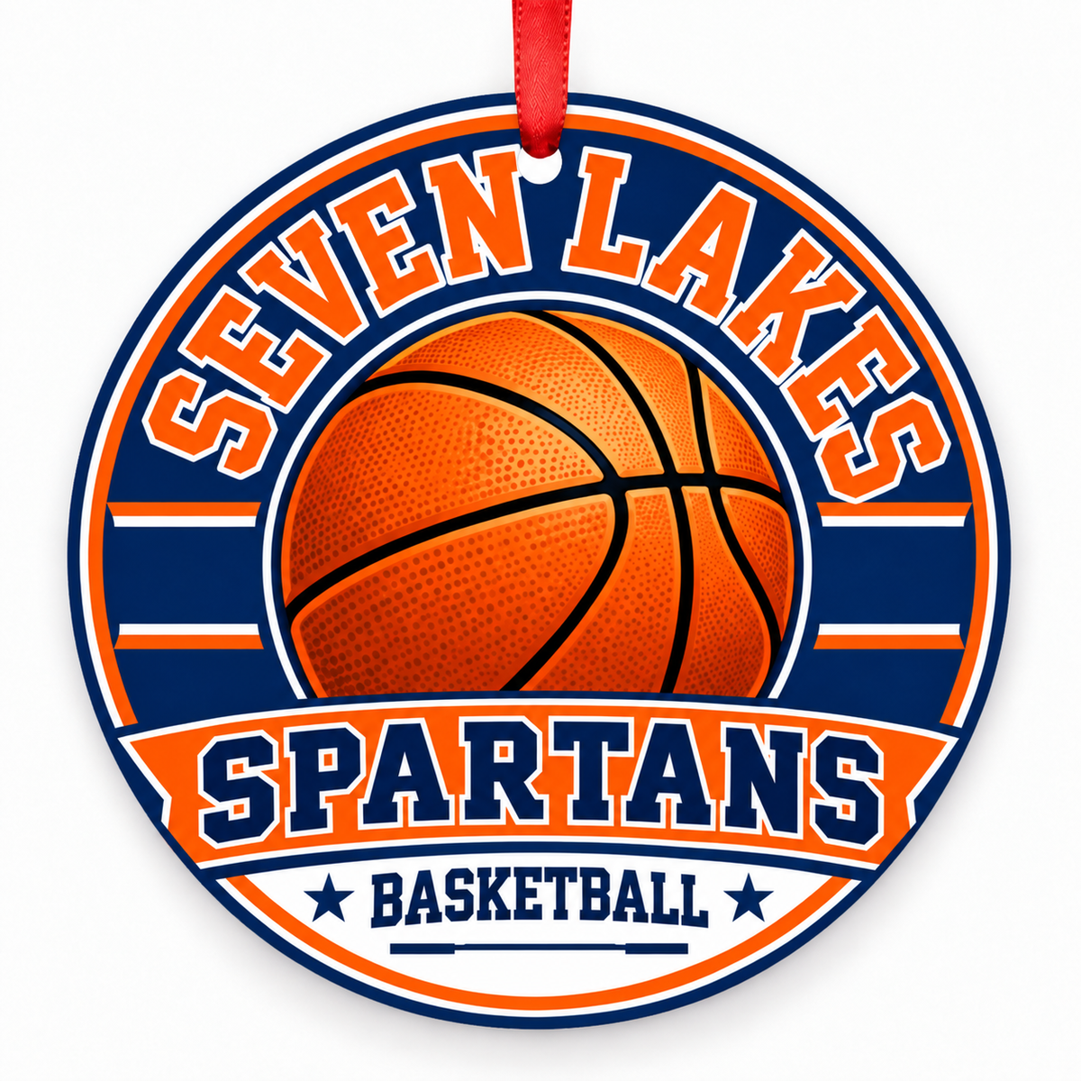 Seven Lakes High School Spartans basketball Christmas ornament in orange and blue with red ribbon, Katy, Texas