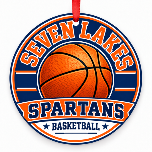 Seven Lakes High School Spartans basketball Christmas ornament in orange and blue with red ribbon, Katy, Texas