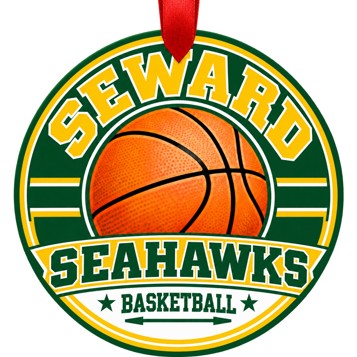 Seward High School Seahawks basketball Christmas ornament in Green, Gold with red ribbon, Classic design
