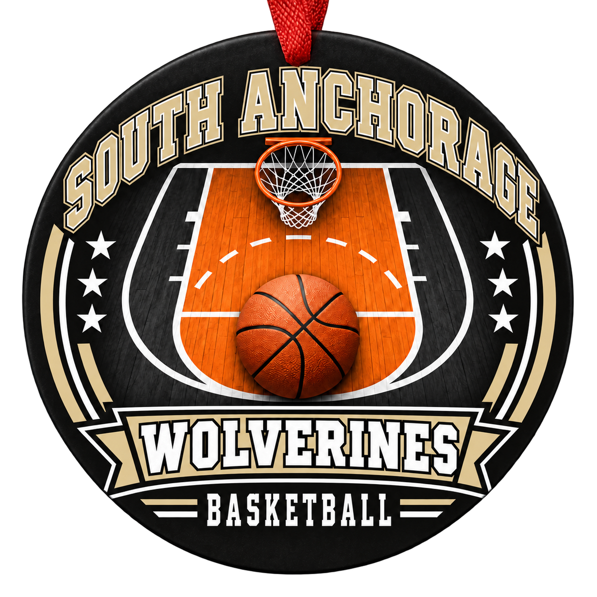 South Anchorage Wolverines basketball court design Christmas ornament in black and vegas gold for South Anchorage High School, Anchorage, Alaska