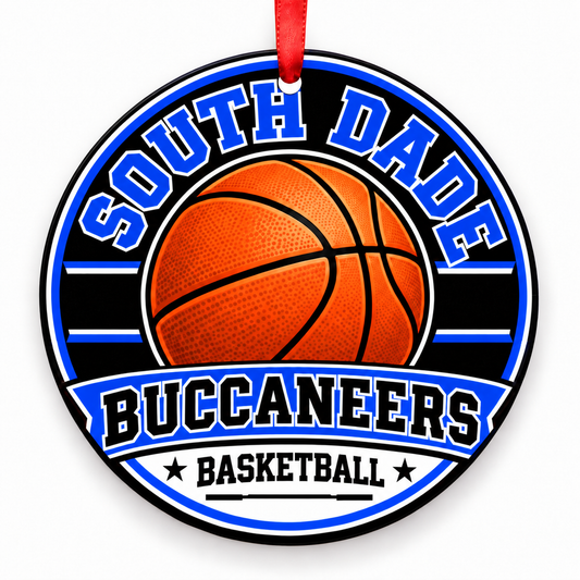 South Dade Senior High School Buccaneers basketball Christmas ornament in royal blue, white and black with red ribbon, Homestead, Florida
