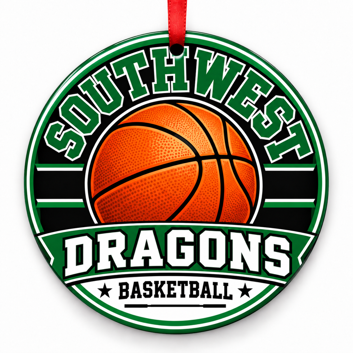 Southwest High School Dragons basketball ornament in green, white, and black with a red ribbon, San Antonio Texas