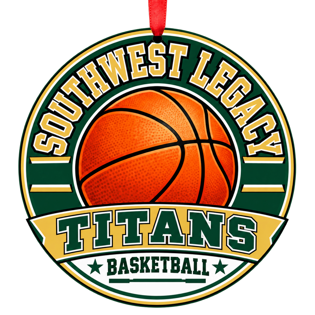 Southwest Legacy High School Titans basketball Christmas ornament in green, gold and black