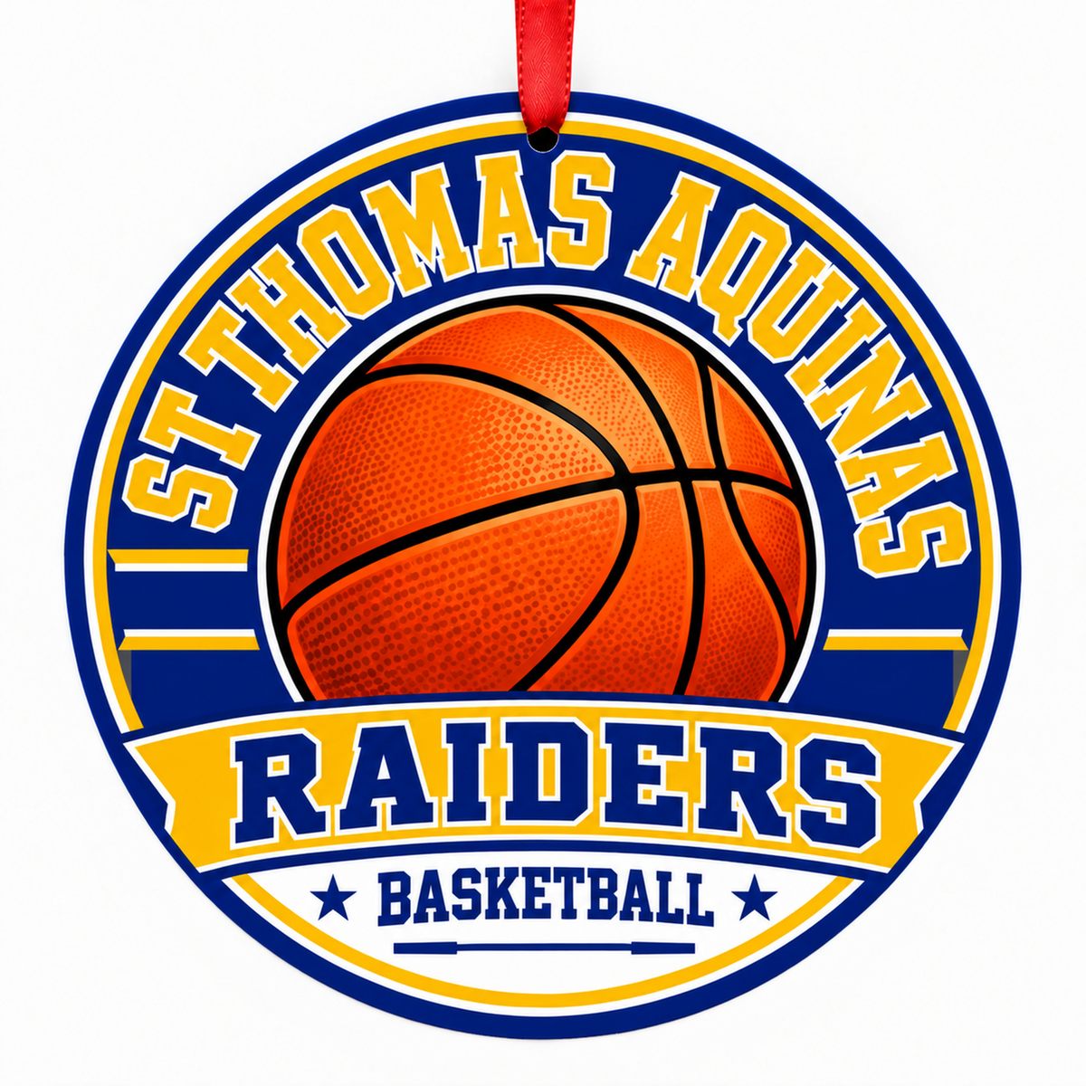St Thomas Aquinas High School Raiders basketball Christmas ornament in blue and gold