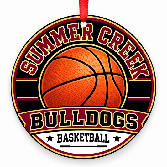 Summer Creek High School Bulldogs basketball Christmas ornament in maroon and gold with red ribbon, Houston, Texas