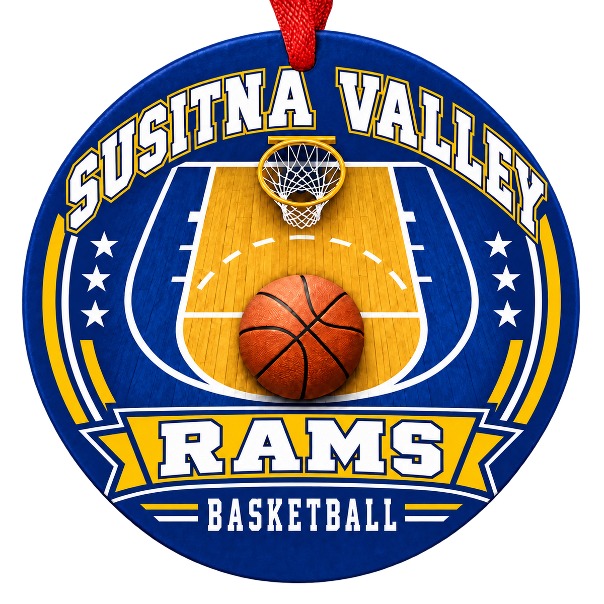 Susitna Valley High Rams basketball Christmas ornament, Court design in Blue, Gold with red hanging ribbon