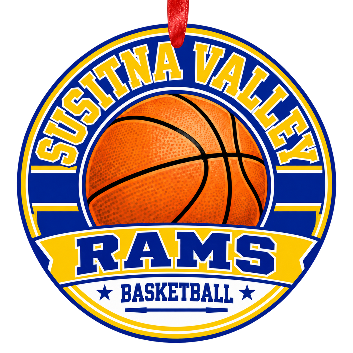 Susitna Valley High Rams basketball Christmas ornament, Classic design in Blue, Gold with red hanging ribbon