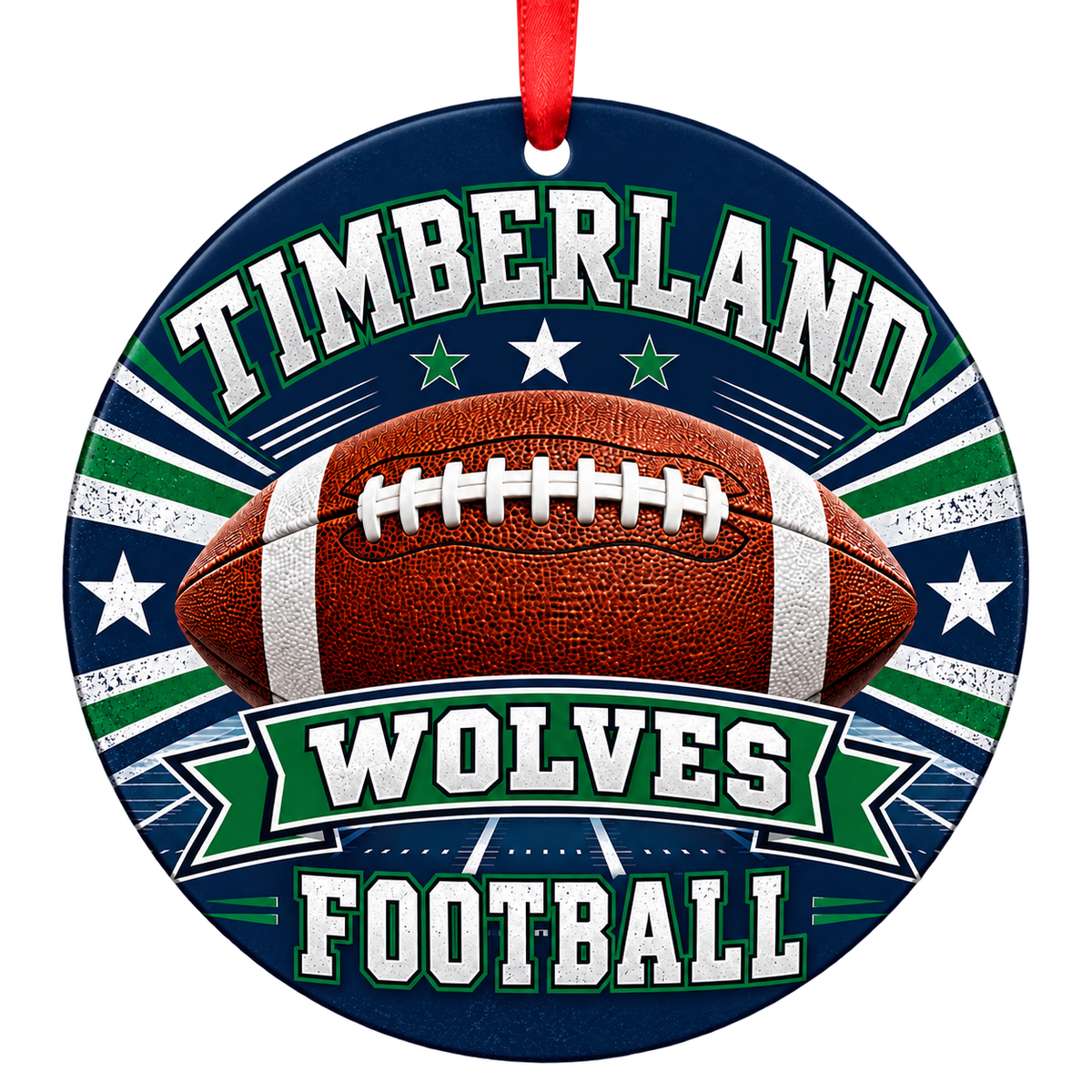 Timberland Wolves Classic Football Christmas ornament in navy, hunter green and silver with red ribbon, Wentzville Missouri