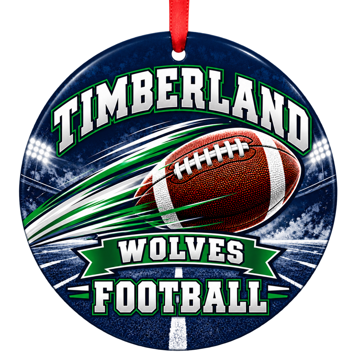 Timberland Wolves Football in Motion Christmas ornament in navy, hunter green and silver with red ribbon, Wentzville Missouri