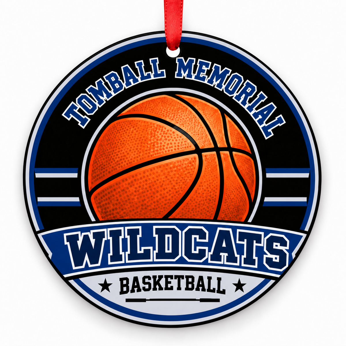 Tomball Memorial High School Wildcats basketball Christmas ornament in navy and silver with red ribbon, Tomball, Texas