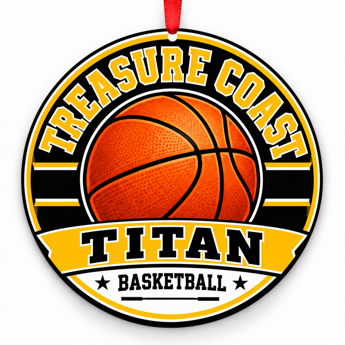 Treasure Coast High School Titan basketball Christmas ornament in gold, black with red ribbon, Port St. Lucie, Florida