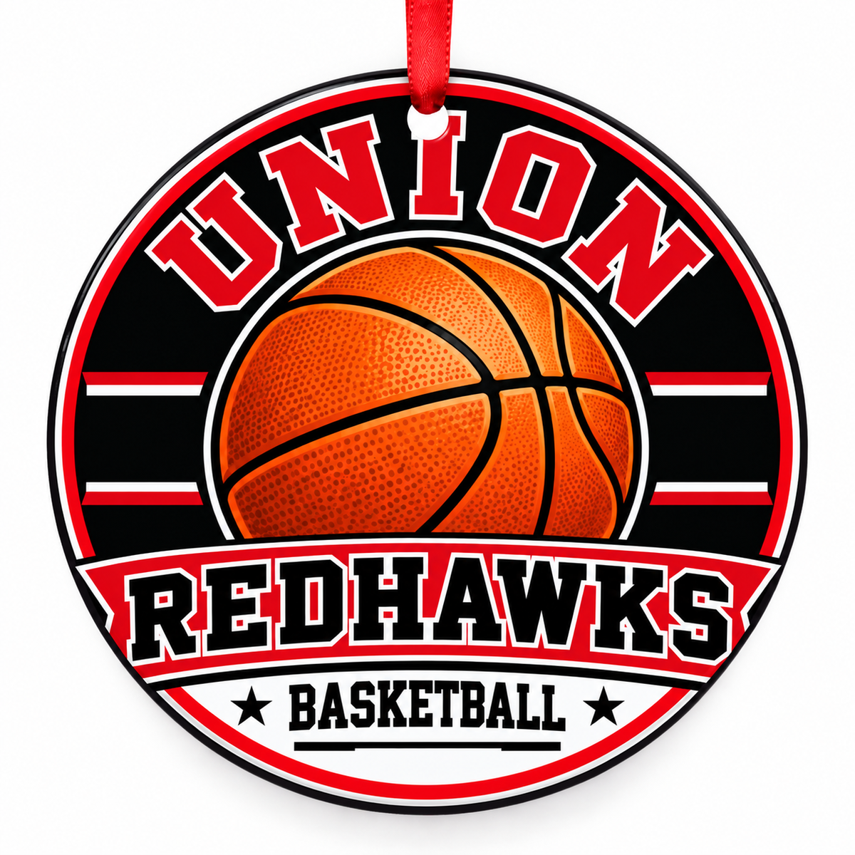 Union High School Redhawks basketball Christmas ornament in red, black, silver and white with red ribbon, Tulsa, Oklahoma