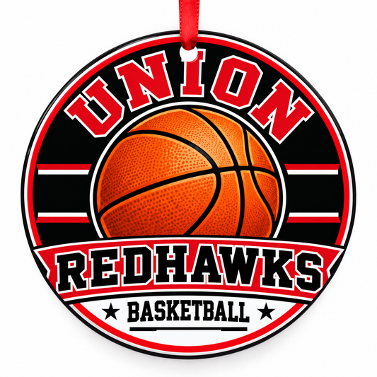 Union High School Redhawks basketball Christmas ornament in red, black, silver and white with red ribbon, Tulsa, Oklahoma