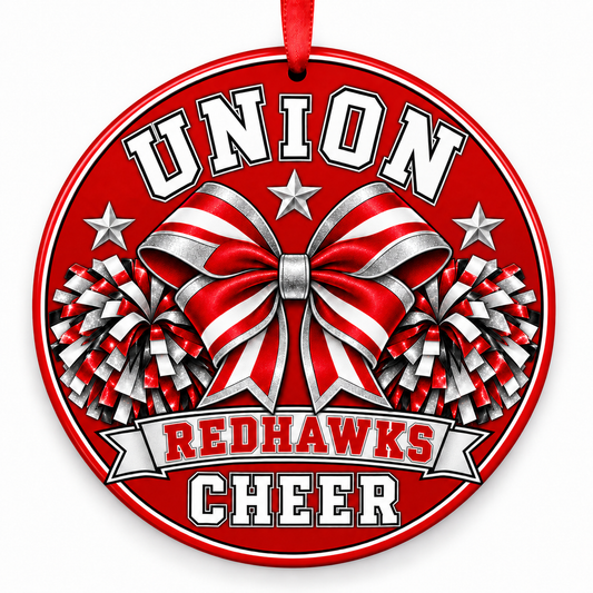 Union High School Redhawks cheer Christmas ornament — Bow and Pom-Poms