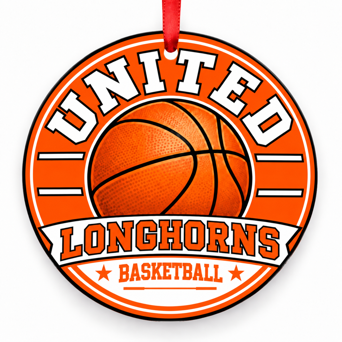 United High School Longhorns basketball Christmas ornament in orange and white with red ribbon, Laredo, Texas