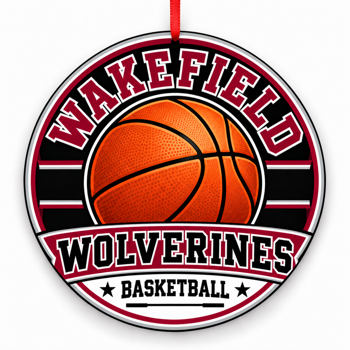 Wakefield High School Wolverines basketball Christmas ornament in maroon, silver, black, and white