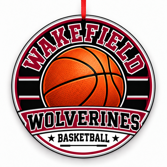 Wakefield High School Wolverines basketball Christmas ornament in maroon, silver, black, and white