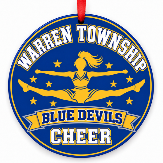 Warren Township High School Blue Devils cheer Christmas ornament — Toe-Touch Jump