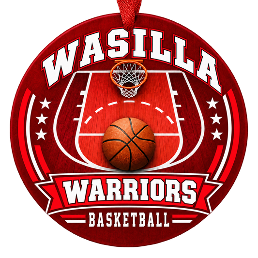 Wasilla Warriors basketball court design Christmas ornament in red and white for Wasilla High School, Wasilla, Alaska