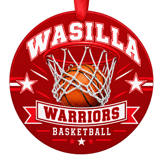 Wasilla Warriors basketball hoop design Christmas ornament in red and white for Wasilla High School, Wasilla, Alaska