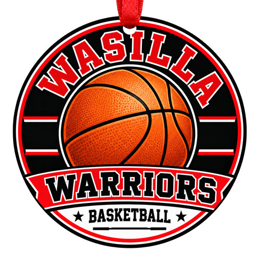 Wasilla High School Warriors basketball Christmas ornament in red and white with red hanging ribbon