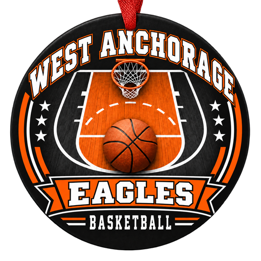 West Anchorage Eagles basketball court design Christmas ornament in orange and black for West High School, Anchorage, Alaska
