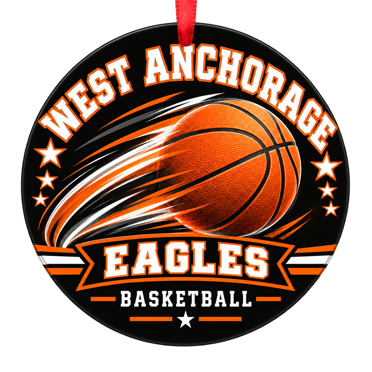 West Anchorage Eagles basketball motion design Christmas ornament in orange and black for West High School, Anchorage, Alaska