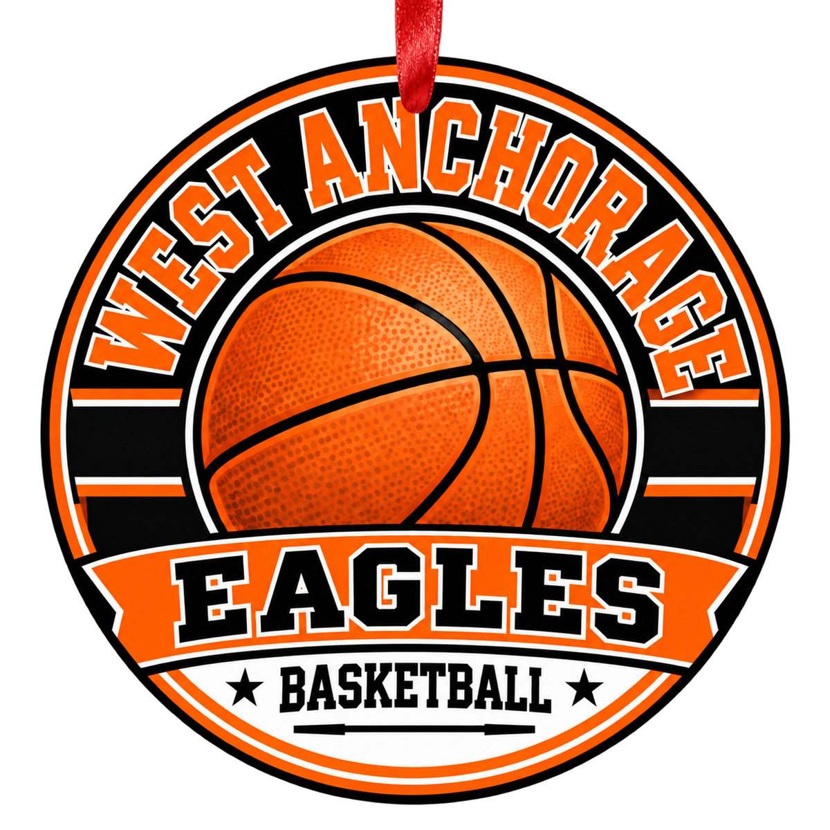 West High School Eagles basketball ornament in orange and black with red ribbon through a plain hanging hole