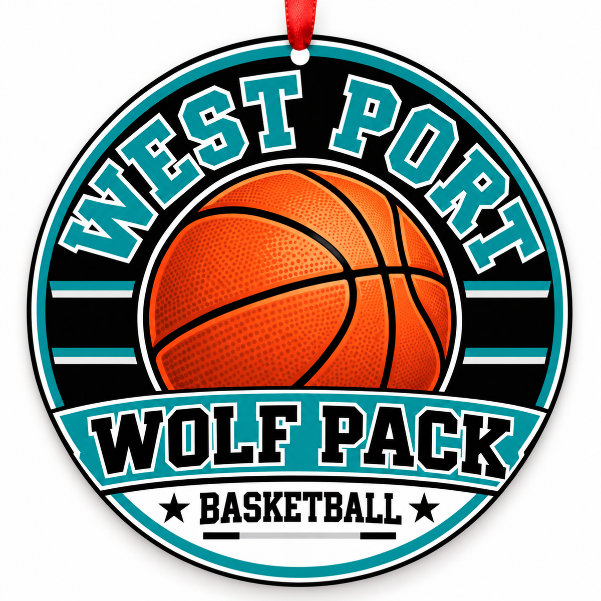 West Port High School Wolf Pack basketball Christmas ornament in teal, black, white and gray with red ribbon, Ocala, Florida